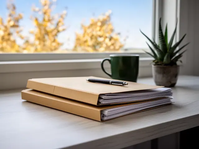 Stack of kraft-brown folders with a pen on a pale desk by a window, green mug and snake plant